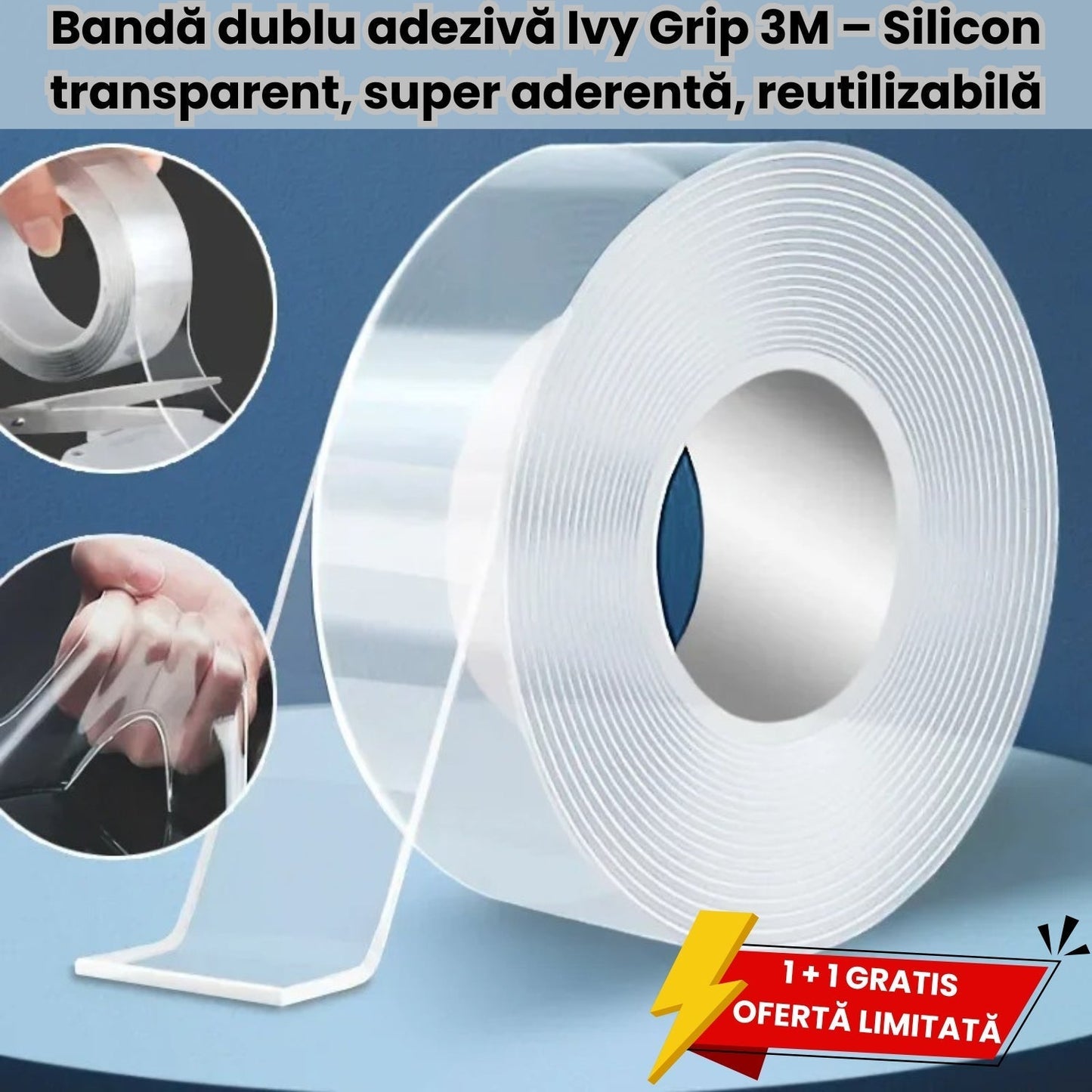 Bandă Dublu Adezivă 3M Silicon Transparent - Ofertă 1+1 GRATIS