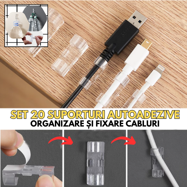 Set 20 Suporturi Autoadezive pentru Organizarea Cablurilor